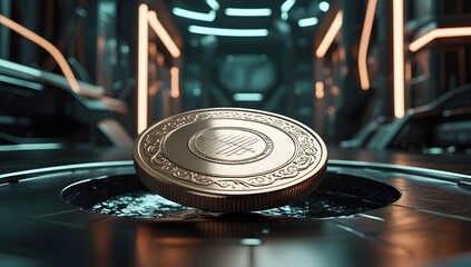 Realistic futuristic coin with classic pattern sinking into a dark hole, surrounded by glass and robotic elements. Generated AI image.