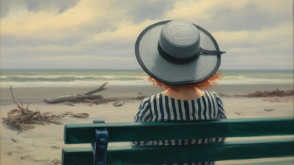 Woman in Hat Sitting on Bench Overlooking Ocean image