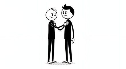 Stick Figure Doctor Offering Comfort to a Sad Patient with Gentle Touch on Shoulder An Animated Scene Depicts Empathetic Interaction in a Medical Setting Against a Clean White Background Representing