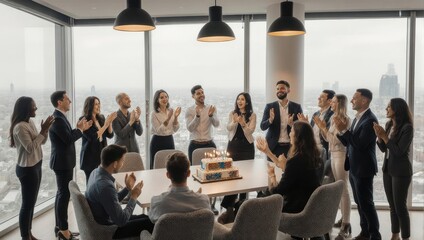 Obraz premium Diverse group of business professionals celebrate with cake in an office overlooking city