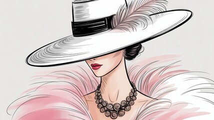 Woman in White Hat and Pink Fur Trim portrait wide brim hat