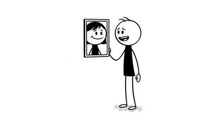 Stick Figure Examines a Portrait with Contentment on a White Background Cartoon Animation of a Stickman Holding a Framed Picture Expressing Joy and Admiration Stick Man Character Study in Black and