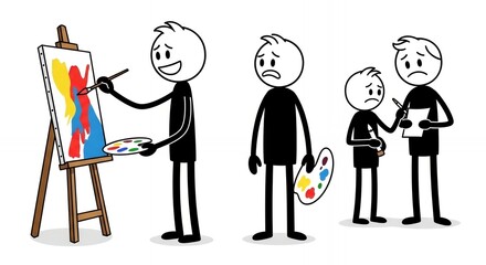 Stick Figure Expressing Mental Health Through Art Therapy and Emotional Support A Cartoon Depiction of Painting Color Palettes and Expressing Feelings With Compassion Isolated on White Background