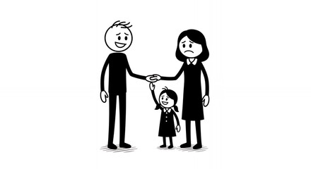 Stick Figure Family Reunion A Black and White Cartoon Depicting a Stickman Father Happily Reaching Out to Shake Hands with a Stickwoman Mother While Their Stick Child Looks On Against an Isolated