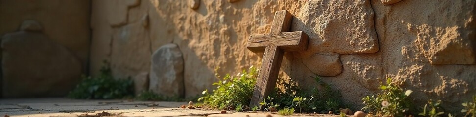 Aged Wooden Cross Leaning Against Rustic Stone Wall in Soft Warm Light, Evoking Peace and Serenity ? Perfect for Easter, Lent, and Faith-Based Designs