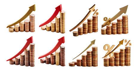 Growth and Decline in Financial Charts with Coins and Arrows, Bundle Set Collection, Isolated on Transparent Background