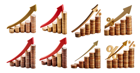 Growth and Decline in Financial Charts with Coins and Arrows, Bundle Set Collection, Isolated on Transparent Background
