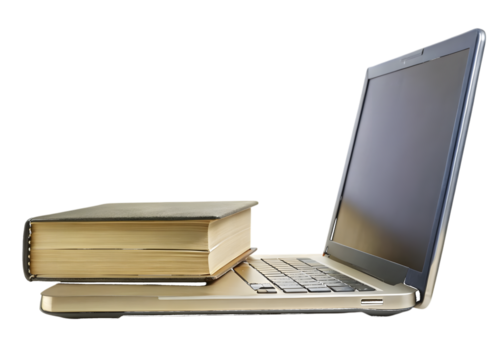 Laptop with Book on Keyboard computer reading isolated on a transparent background