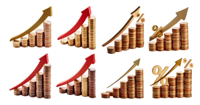 Growth and Decline in Financial Charts with Coins and Arrows, Bundle Set Collection, Isolated on Transparent Background