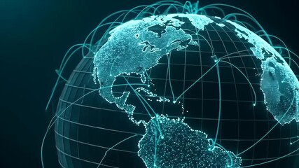 Global digital network connections illustrated on a 3D globe with glowing lines across continents - Powered by Adobe