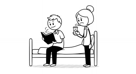 Stick Figure Man Reading Beside Hospital Bed with Woman Holding Beverage in Monochrome Palette Depicting Support and Care Perfect for Healthcare and Relationship Themes Isolated on White Background