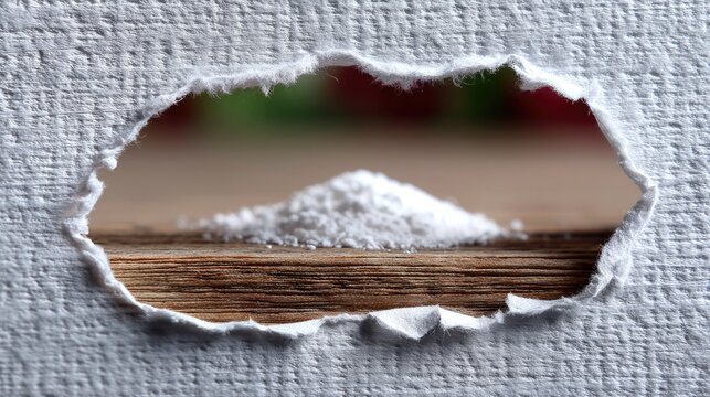 Torn White Paper Reveals Granular Pile Against Wooden Surface and Blurred Background - Powered by Adobe