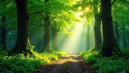 Sun-Dappled Forest Floor Tranquil Green Canopy, Magical Sunlight Filtering Through Leaves, Perfect for Nature, Travel, and Environmental Projects