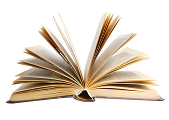 Open book with fanned pages showing text and yellowed paper spread isolated on a transparent background