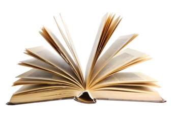 Open book with fanned pages showing text and yellowed paper spread isolated on a transparent background