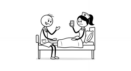 Stick Figure Nurse Attending to Patient in Hospital Bed with Doctor in White Coat Offering Support Cartoon Pictogram Illustration on White Background Featuring Medical Care and Compassion More Than