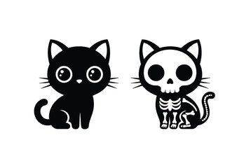 Obraz premium Cute Halloween Cat Illustrations A Black Cat and a Skeleton Cat for Spooky Fun