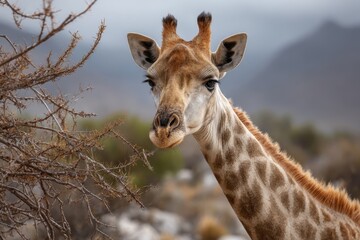 Obraz premium Portrait of a giraffe munching on foliage in the Western Cape of South Africa during a calm afternoon under an overcast sky