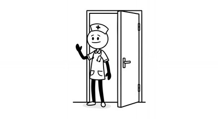 Stick Figure Nurse Waving at an Open Door in a Hospital Setting with White Background Depicting Healthcare and Assistance Isolated Perfect for Medical Decoration and Symbolizing Hospital Day