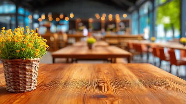 Restaurant Interior Ambiance: A close-up showcases a wooden table with a potted plant, blurring the background to emphasize the restaurant's ambiance.