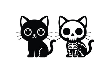 Fototapeta premium Spooky Cute Black Cat & Skeleton Cat Vector Illustration