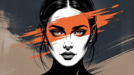 Woman Face With Orange Paint Stroke Across Eyes portrait