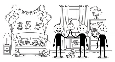 Stick Figures Depicting Emotions in Child's Room with Decorated Bed and Window Black and White Isolated Pictogram Cartoon Perfect for Decoration and Conceptual Visuals Perfect for Decoration