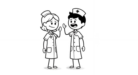 Two Medical Staff Cartoon Characters in White Uniforms Isolated on White Background Featuring a Male and Female Nurse Smiling and Greeting Each Other Representing Hospital Staff and Healthcare