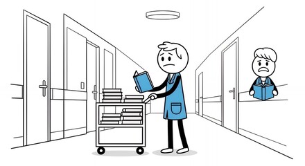 Volunteer Wheels a Book Cart Through Hospital Hallway Delivering Literary Escapism and Comfort with Weary Senior Patient in the Background Depicted as a White and Black Stick Figure Cartoon Isolated