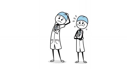 Worried Doctor with Blue Head Cover and Patient Seeking Help Illustration on White Background Stick Figure Style Healthcare Concept Depicting Uncertainty and Support in Medical Scenarios in Cartoon