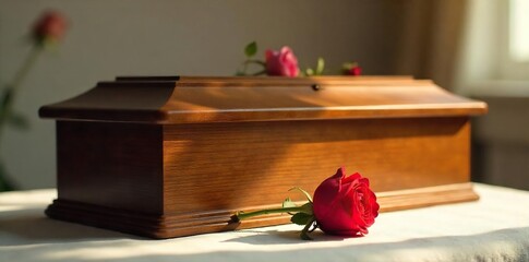 Polished Wooden Casket with Wilting Rose, Soft Light, Anniversary Remembrance