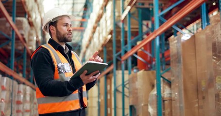 Tablet, man and logistics worker in warehouse with research for online order, inventory or stock. Digital technology, cardboard boxes and male supply chain manager with information for distribution. - Powered by Adobe