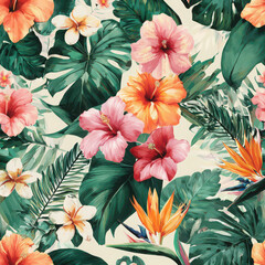 Tropical flower pattern with hibiscus, plumeria, and bird of paradise, featuring lush green leaves and vibrant petals, creating lively and exotic botanical design
