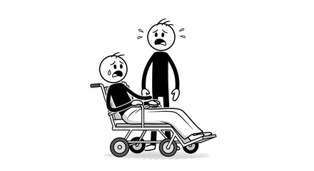 Worried Stick Figure Pushes Patient in Wheelchair in Hospital Setting Depicting Medical Transportation and Care Isolated on White Background Representing Healthcare and Support in Animated Style