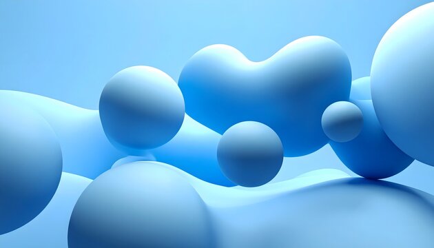 Formas abstractas 3D en tonos azules con esferas flotantes y textura suave minimalista