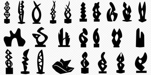 A collection of black silhouettes of modern abstract sculptures and statues on a transparent background.