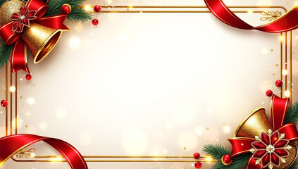 Christmas Golden Frame Border with Red Ribbon, Jingle Bells, and Bokeh Background