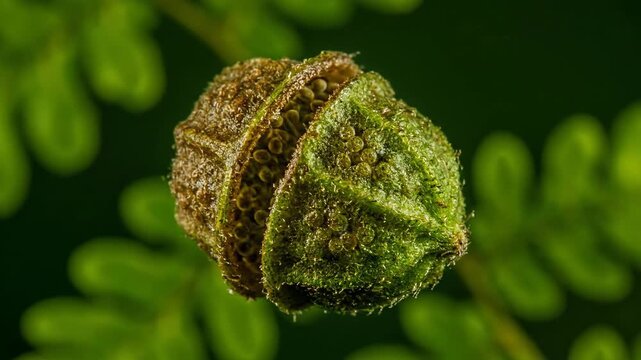 Close-Up View of Green Seed Pod on a Fern Leaf in Natural Light