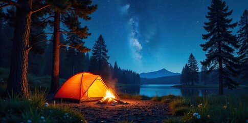 Campfire Under Starlit Sky Peaceful Night in the Woods, Relaxing Summer Adventure