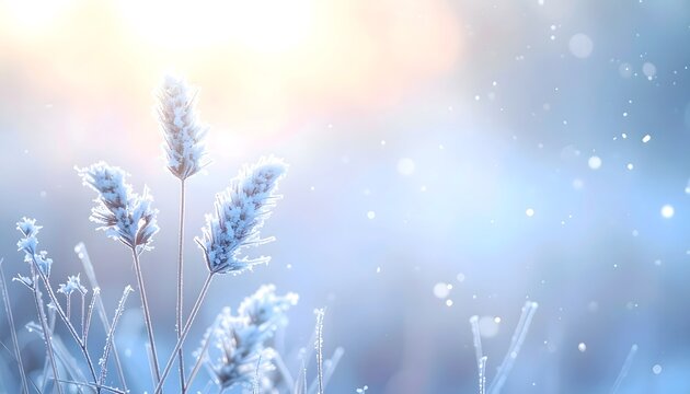 Paisaje invernal con espigas cubiertas de escarcha bajo luz suave al amanecer