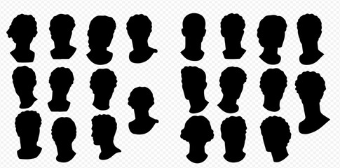 A collection of diverse black silhouette headshots and busts of people on a transparent background.