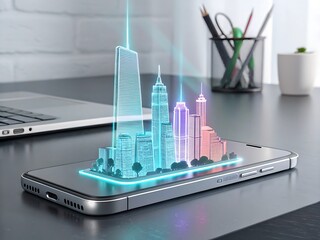 Futuristic holographic cityscape projected from a smartphone on a desk