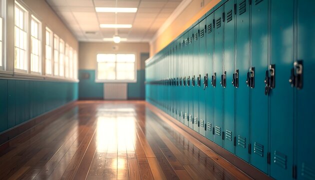 Pasillo de escuela con taquillas azules iluminado por la luz del sol