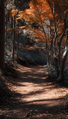 Obraz premium Colorful Japanese woodland autumn foliage bright sunlight