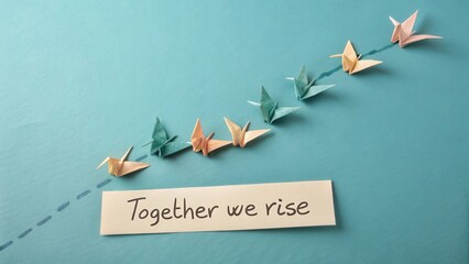 Colorful origami cranes represent unity and collaboration with handwritten phrase Together we rise on blue background