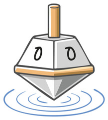 Cartoon dreidel spinning over blue water puddles. Holiday illustration of toy with symbols for seasonal concepts