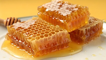 Close-up view of golden honeycomb pieces, dripping with sweet, viscous honey, presented on a plate.