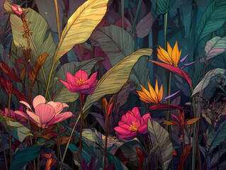 Tropical flower lush foliage vibrant color pink petal orange petal green leaf exotic plant botanical garden nature evening soft light bold pattern
