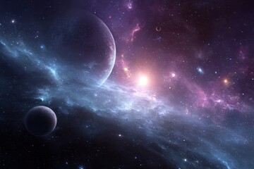 Obraz premium Cosmic exploration of distant planets amidst glowing stars in a vibrant nebula