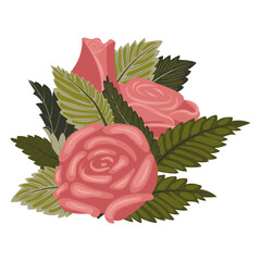 An arrangement of delicate, creamy dusty pink roses, buds, and leaves. Vector illustration on a white background.